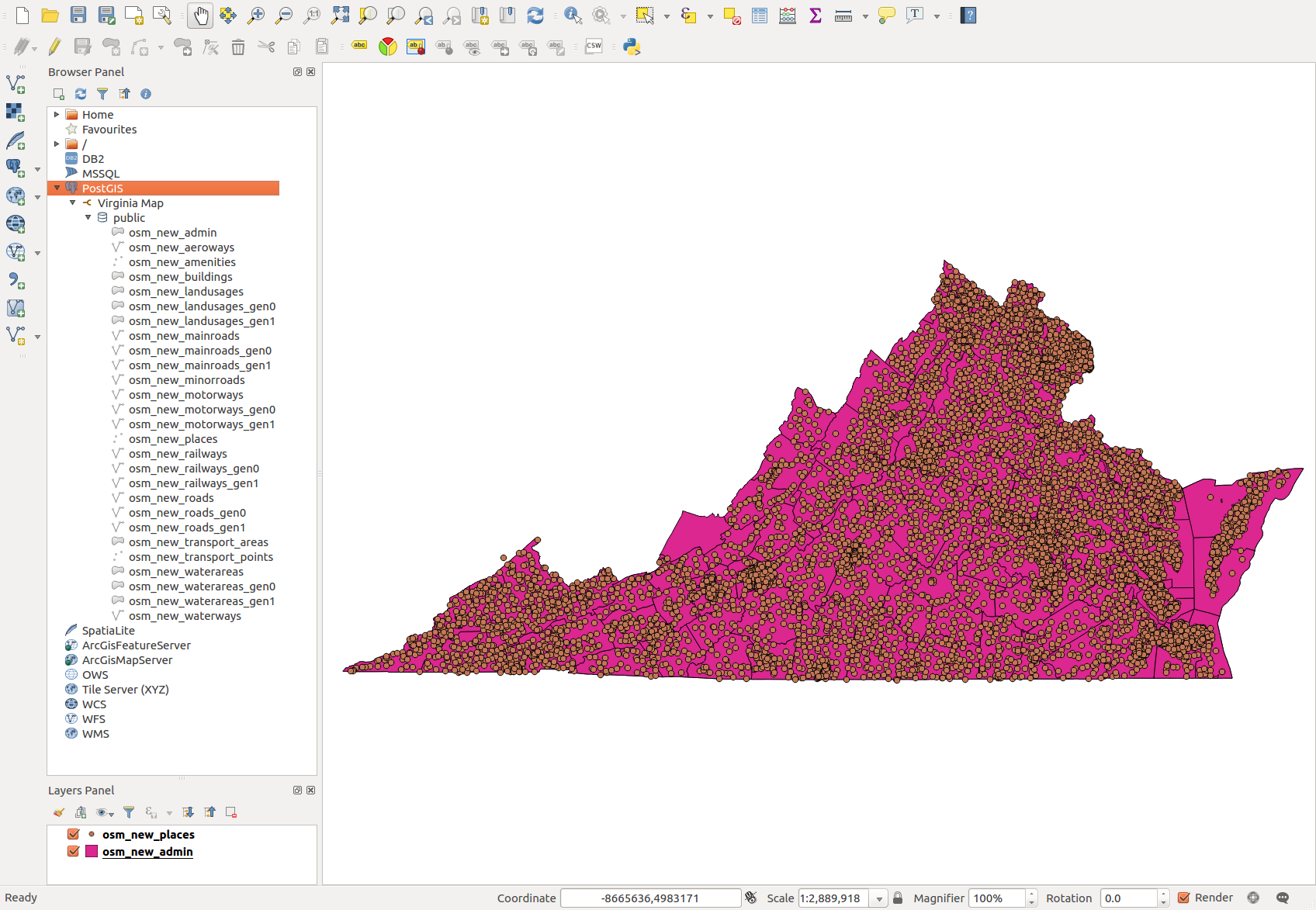Map Virginia database in QGIS
