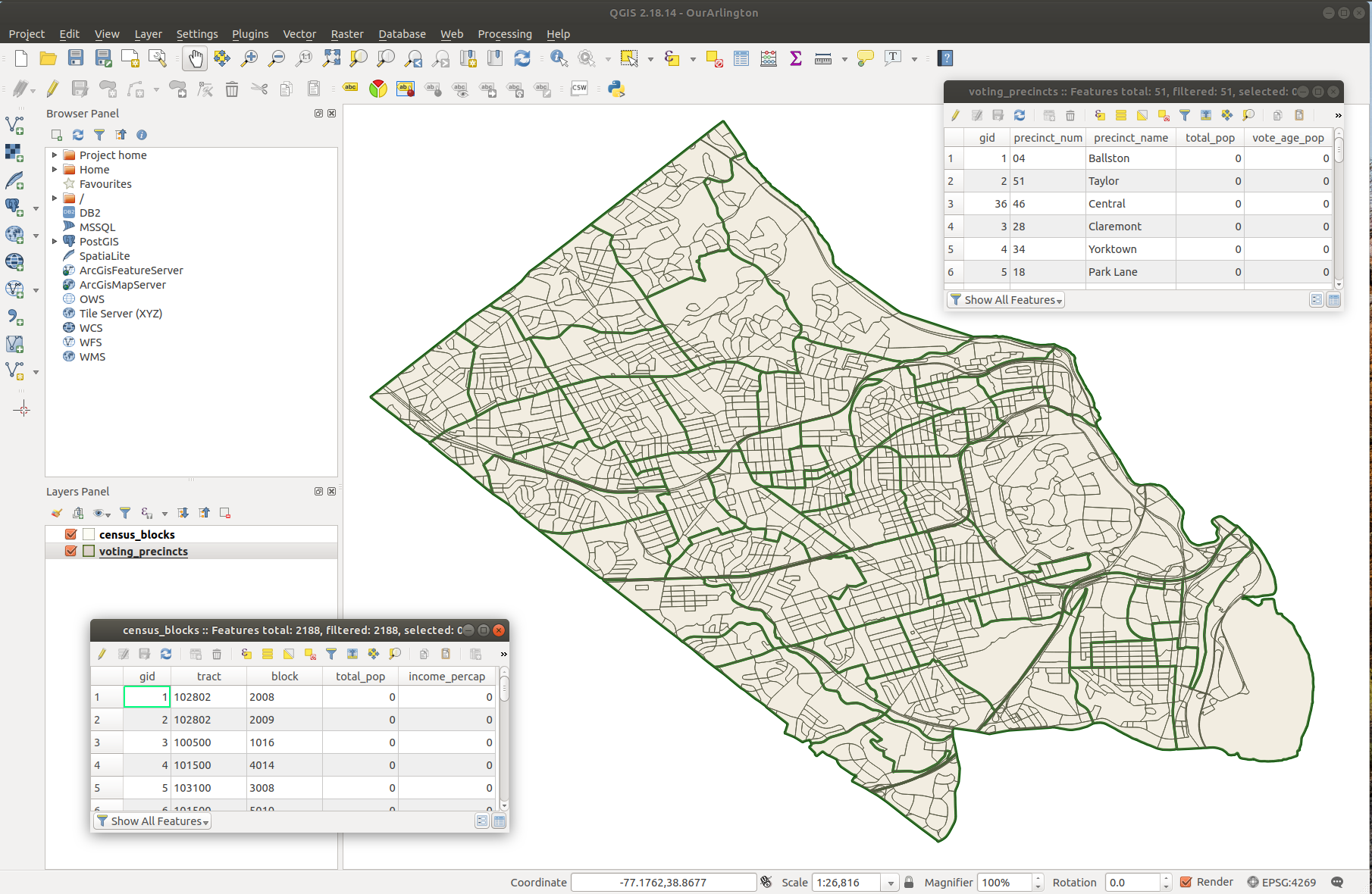 QGIS with census_blocks and voting_precints including attribute tables