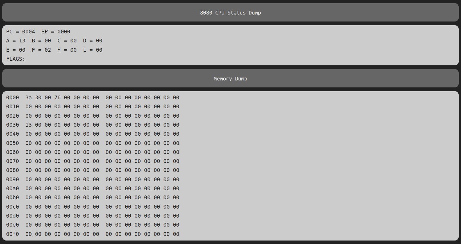 Load ``13H`` from ``0030H`` to register ``A``